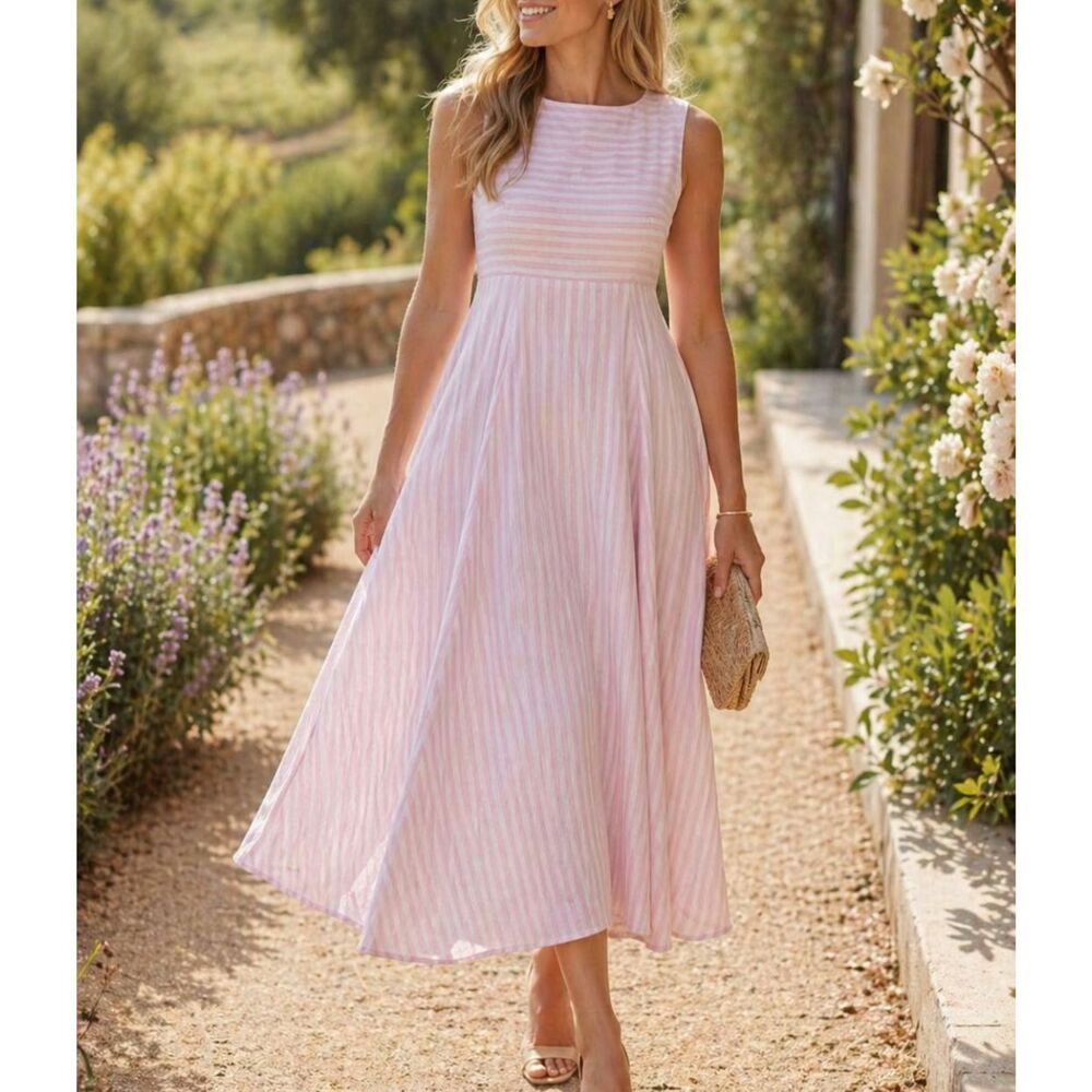 Vineyard Vines Italian Linen Stripe Maxi Dress Pink Romantic V-Back Coastal 10